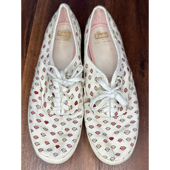 Keds for Kate Spade Lips Pink Red Pattern Sneakers Size 8.5 GUC! - Picture 1 of 7